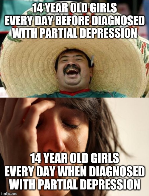 14 YEAR OLD GIRLS EVERY DAY BEFORE DIAGNOSED WITH PARTIAL DEPRESSION; 14 YEAR OLD GIRLS EVERY DAY WHEN DIAGNOSED WITH PARTIAL DEPRESSION | image tagged in memes,first world problems,mexican word of the day | made w/ Imgflip meme maker