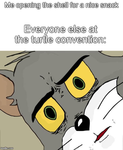 Me opening the shell for a nice snack; Everyone else at the turtle convention: | image tagged in blank white template,memes,unsettled tom | made w/ Imgflip meme maker