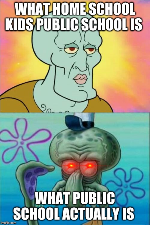 Squidward | WHAT HOME SCHOOL KIDS PUBLIC SCHOOL IS; WHAT PUBLIC SCHOOL ACTUALLY IS | image tagged in memes,squidward | made w/ Imgflip meme maker