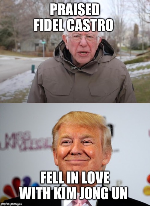 PRAISED FIDEL CASTRO; FELL IN LOVE WITH KIM JONG UN | image tagged in donald trump approves,bernie sanders support | made w/ Imgflip meme maker