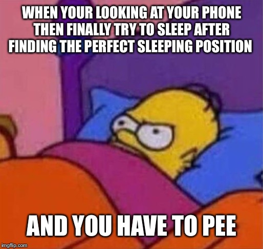 angry homer simpson in bed | WHEN YOUR LOOKING AT YOUR PHONE THEN FINALLY TRY TO SLEEP AFTER FINDING THE PERFECT SLEEPING POSITION; AND YOU HAVE TO PEE | image tagged in angry homer simpson in bed | made w/ Imgflip meme maker