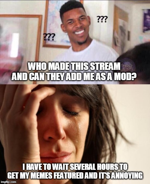 WHO MADE THIS STREAM AND CAN THEY ADD ME AS A MOD? I HAVE TO WAIT SEVERAL HOURS TO GET MY MEMES FEATURED AND IT'S ANNOYING | image tagged in memes,first world problems,black guy confused | made w/ Imgflip meme maker