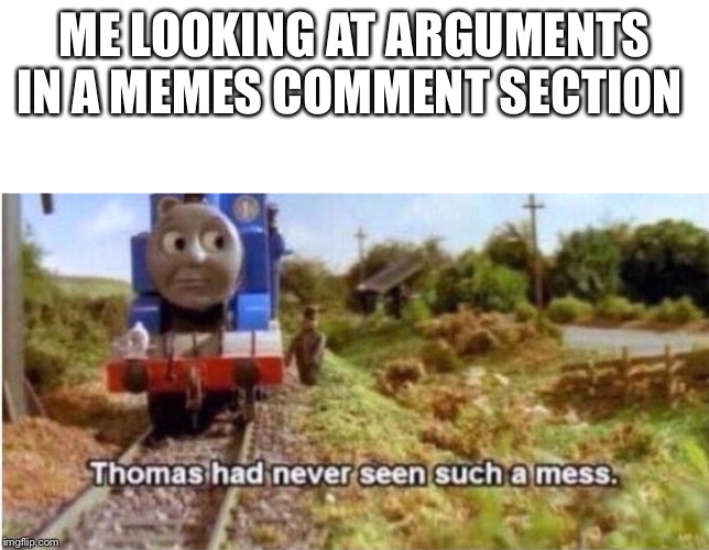 ME LOOKING AT ARGUMENTS IN A MEMES COMMENT SECTION | image tagged in blank white template,thomas has never seen such a mess | made w/ Imgflip meme maker