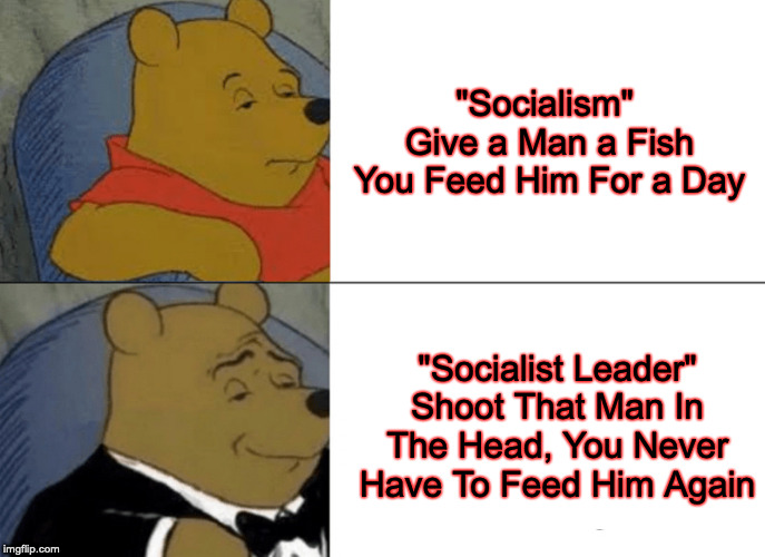 Winnie The Pooh | "Socialism" 
Give a Man a Fish You Feed Him For a Day; "Socialist Leader"
Shoot That Man In The Head, You Never Have To Feed Him Again | image tagged in memes,tuxedo winnie the pooh,socialism,socialists,democratic socialism | made w/ Imgflip meme maker