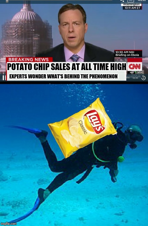 POTATO CHIP SALES AT ALL TIME HIGH; EXPERTS WONDER WHAT'S BEHIND THE PHENOMENON | image tagged in cnn breaking news template | made w/ Imgflip meme maker