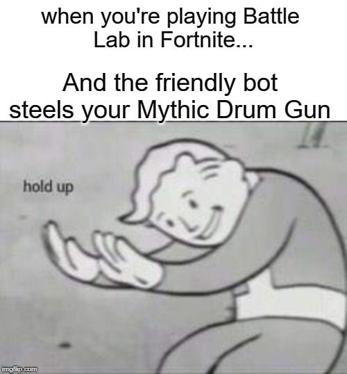 Fallout hold up with space on the top | when you're playing Battle 
Lab in Fortnite... And the friendly bot steels your Mythic Drum Gun | image tagged in fallout hold up with space on the top | made w/ Imgflip meme maker