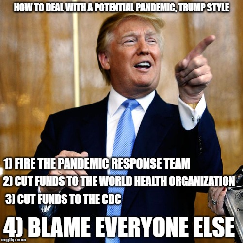 Who's running this fiasco? Sad! | HOW TO DEAL WITH A POTENTIAL PANDEMIC, TRUMP STYLE; 1) FIRE THE PANDEMIC RESPONSE TEAM; 2) CUT FUNDS TO THE WORLD HEALTH ORGANIZATION; 3) CUT FUNDS TO THE CDC; 4) BLAME EVERYONE ELSE | image tagged in donal trump birthday,coronavirus,donald trump is an idiot | made w/ Imgflip meme maker