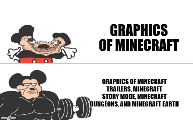 mickey mouse drake | GRAPHICS OF MINECRAFT; GRAPHICS OF MINECRAFT TRAILERS, MINECRAFT STORY MODE, MINECRAFT DUNGEONS, AND MINECRAFT EARTH | image tagged in mickey mouse drake | made w/ Imgflip meme maker