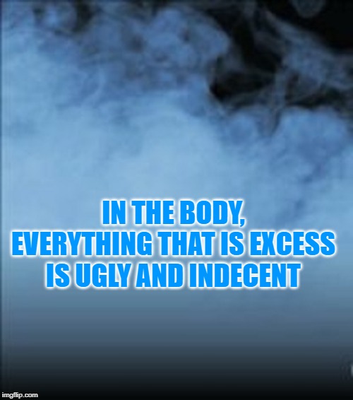 Névoa azul | IN THE BODY, EVERYTHING THAT IS EXCESS IS UGLY AND INDECENT | image tagged in neblina,mist,niebla,azul,blue,blue mist | made w/ Imgflip meme maker