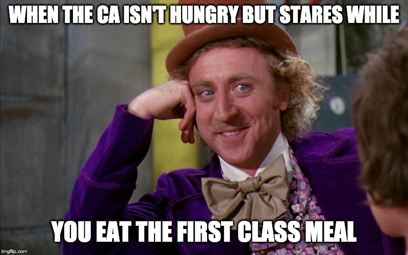 Creepy Condescending Wonka In The Eyes High Resolution | WHEN THE CA ISN'T HUNGRY BUT STARES WHILE; YOU EAT THE FIRST CLASS MEAL | image tagged in creepy condescending wonka in the eyes high resolution | made w/ Imgflip meme maker