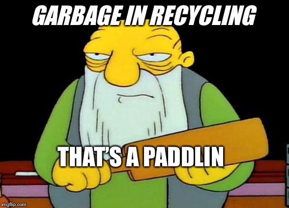Thats a Paddlin | GARBAGE IN RECYCLING; THAT’S A PADDLIN | image tagged in thats a paddlin | made w/ Imgflip meme maker