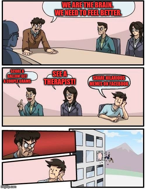 Boardroom Meeting Suggestion | WE ARE THE BRAIN.  WE NEED TO FEEL BETTER. SEE A THERAPIST! SCORE A GALLON! GET A COUPLE GRAMS; SHARE HILARIOUS MEMES ON FACEBOOK | image tagged in memes,boardroom meeting suggestion | made w/ Imgflip meme maker