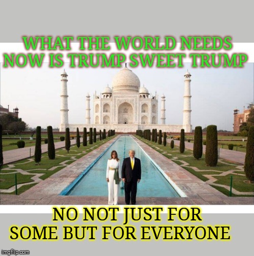 HATE TRUMP'S LOVE- WAIT, NO...                   Sing along won't you... | WHAT THE WORLD NEEDS NOW IS TRUMP SWEET TRUMP; NO NOT JUST FOR SOME BUT FOR EVERYONE | image tagged in president trump,trump supporters,trump most interesting man in the world,trump trademark,triggered liberal,trump train | made w/ Imgflip meme maker