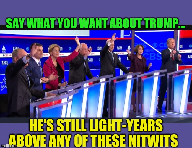 Which one will Trump defeat? | SAY WHAT YOU WANT ABOUT TRUMP... HE'S STILL LIGHT-YEARS ABOVE ANY OF THESE NITWITS | image tagged in wacky dems | made w/ Imgflip meme maker