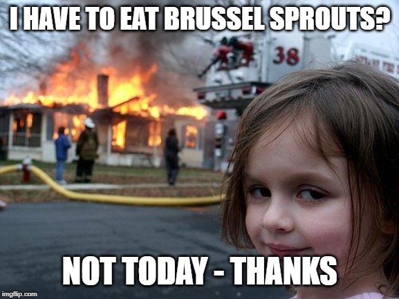 Disaster Girl Meme | I HAVE TO EAT BRUSSEL SPROUTS? NOT TODAY - THANKS | image tagged in memes,disaster girl | made w/ Imgflip meme maker