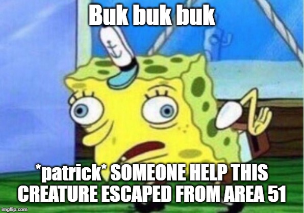 Mocking Spongebob | Buk buk buk; *patrick* SOMEONE HELP THIS CREATURE ESCAPED FROM AREA 51 | image tagged in memes,mocking spongebob | made w/ Imgflip meme maker
