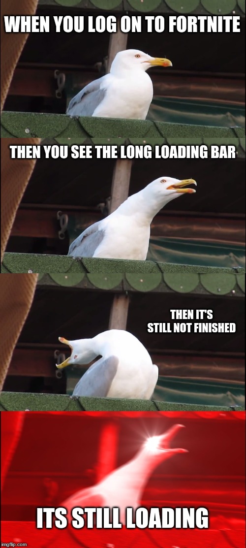 Inhaling Seagull | WHEN YOU LOG ON TO FORTNITE; THEN YOU SEE THE LONG LOADING BAR; THEN IT'S STILL NOT FINISHED; ITS STILL LOADING | image tagged in memes,inhaling seagull | made w/ Imgflip meme maker