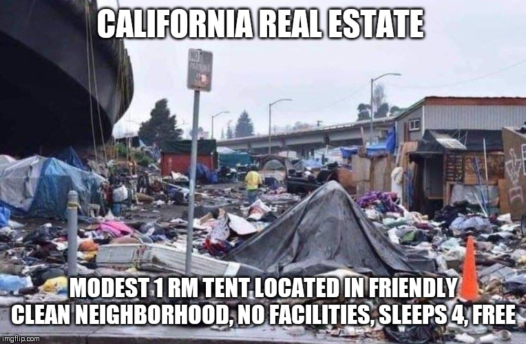 california tent city | CALIFORNIA REAL ESTATE; MODEST 1 RM TENT LOCATED IN FRIENDLY CLEAN NEIGHBORHOOD, NO FACILITIES, SLEEPS 4, FREE | image tagged in california tent city | made w/ Imgflip meme maker