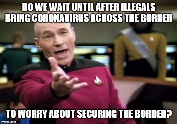 Picard Wtf Meme | DO WE WAIT UNTIL AFTER ILLEGALS BRING CORONAVIRUS ACROSS THE BORDER; TO WORRY ABOUT SECURING THE BORDER? | image tagged in memes,picard wtf | made w/ Imgflip meme maker