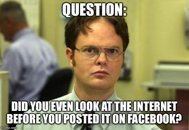Dwight Schrute Meme | QUESTION:; DID YOU EVEN LOOK AT THE INTERNET BEFORE YOU POSTED IT ON FACEBOOK? | image tagged in memes,dwight schrute | made w/ Imgflip meme maker