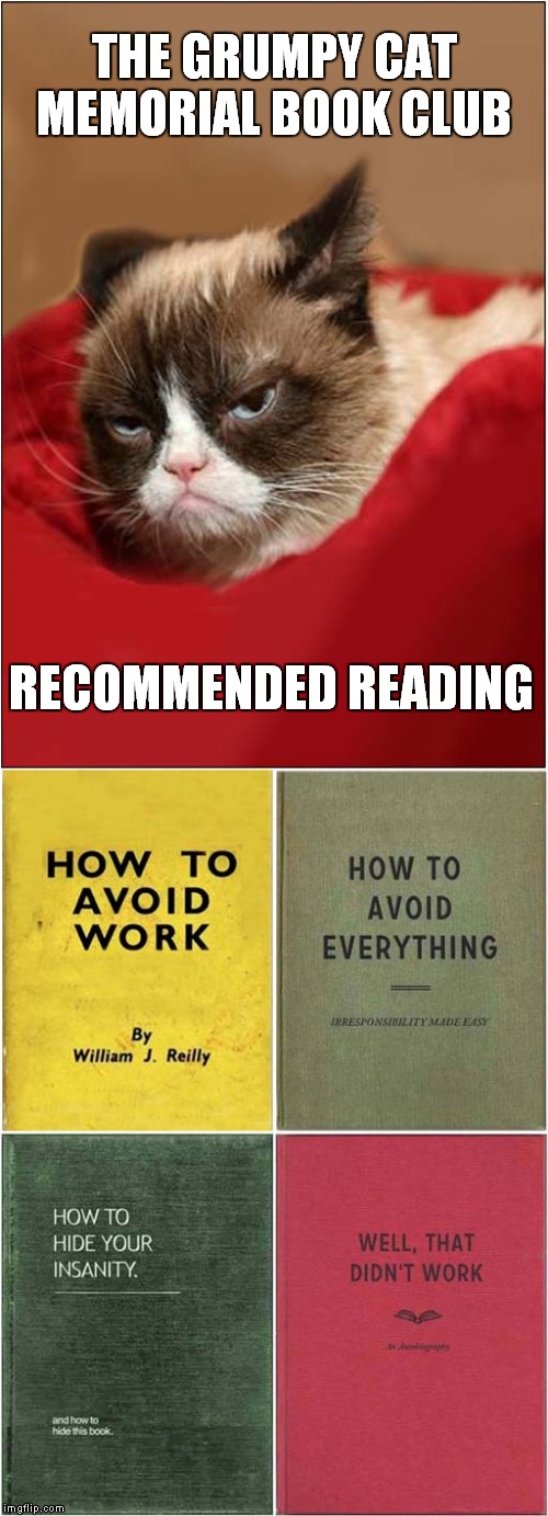 Grumpy Cat Memorial Book Club | THE GRUMPY CAT MEMORIAL BOOK CLUB; RECOMMENDED READING | image tagged in fun,grumpy cat,old books | made w/ Imgflip meme maker