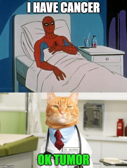 It must be OK Boomer parody week | I HAVE CANCER; OK TUMOR | image tagged in memes,spiderman hospital,cat doctor,tumor,cancer | made w/ Imgflip meme maker
