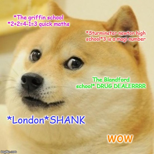 Doge | *The griffin school *2+2=4-1=3 quick maths; *Sturminster newton high school*3 is a magi number; The Blandford school* DRUG DEALERRRR; *London*SHANK; wow | image tagged in memes,doge | made w/ Imgflip meme maker