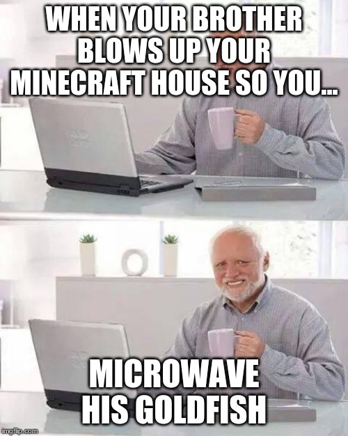 Hide the Pain Harold Meme | WHEN YOUR BROTHER BLOWS UP YOUR MINECRAFT HOUSE SO YOU... MICROWAVE HIS GOLDFISH | image tagged in memes,hide the pain harold | made w/ Imgflip meme maker