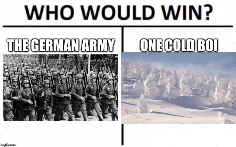 Who Would Win? | THE GERMAN ARMY; ONE COLD BOI | image tagged in memes,who would win | made w/ Imgflip meme maker