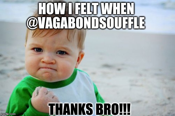Success Kid Original | HOW I FELT WHEN; @VAGABONDSOUFFLE; THANKS BRO!!! | image tagged in memes,success kid original | made w/ Imgflip meme maker