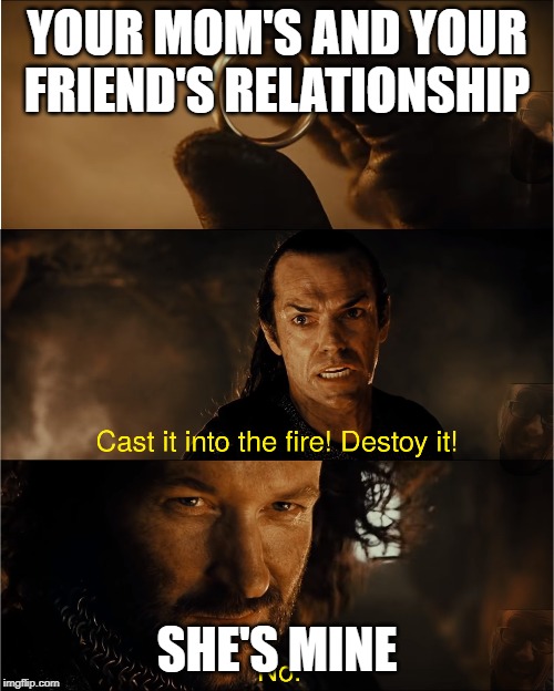 cast it into the fire | YOUR MOM'S AND YOUR FRIEND'S RELATIONSHIP; SHE'S MINE | image tagged in cast it into the fire | made w/ Imgflip meme maker