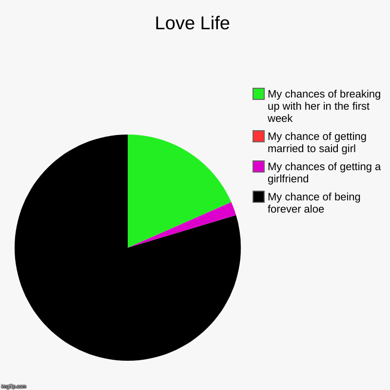 Love Life | My chance of being forever aloe, My chances of getting a girlfriend, My chance of getting married to said girl, My chances of br | image tagged in charts,pie charts | made w/ Imgflip chart maker