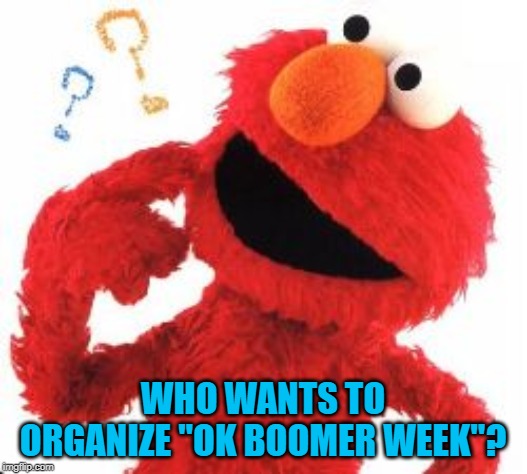How do people get imgflip events started these days? | WHO WANTS TO ORGANIZE "OK BOOMER WEEK"? | image tagged in elmo questions,memes,ok boomer week,imgflip event | made w/ Imgflip meme maker