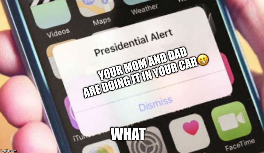 Ok | YOUR MOM AND DAD ARE DOING IT IN YOUR CAR😁; WHAT | image tagged in memes,presidential alert | made w/ Imgflip meme maker