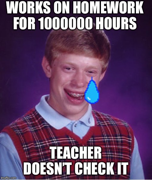 Bad Luck Brian Meme | WORKS ON HOMEWORK FOR 1000000 HOURS; TEACHER DOESN’T CHECK IT | image tagged in memes,bad luck brian | made w/ Imgflip meme maker
