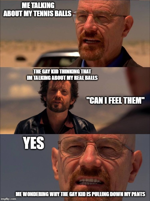Breaking Bad - Say My Name | ME TALKING ABOUT MY TENNIS BALLS; THE GAY KID THINKING THAT IM TALKING ABOUT MY REAL BALLS; "CAN I FEEL THEM"; YES; ME WONDERING WHY THE GAY KID IS PULLING DOWN MY PANTS | image tagged in breaking bad - say my name | made w/ Imgflip meme maker