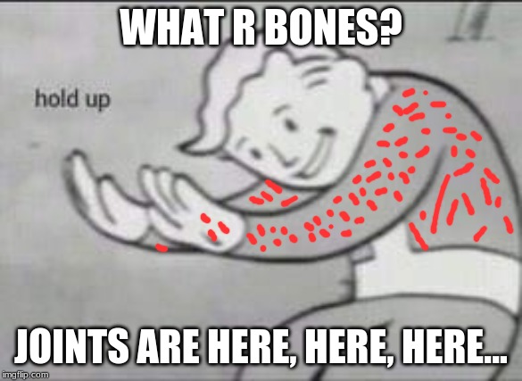 Fallout Hold Up | WHAT R BONES? JOINTS ARE HERE, HERE, HERE... | image tagged in fallout hold up | made w/ Imgflip meme maker