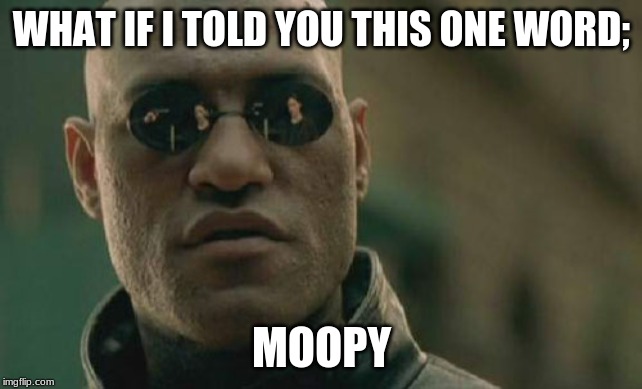 Matrix Morpheus Meme | WHAT IF I TOLD YOU THIS ONE WORD;; MOOPY | image tagged in memes,matrix morpheus | made w/ Imgflip meme maker