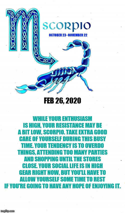 Scorpio Daily Horoscope. ♏ The Zodiac Sign With A Bad Reputation. But are actually some of the best people in today's society. | OCTOBER 23 - NOVEMBER 22; WHILE YOUR ENTHUSIASM IS HIGH, YOUR RESISTANCE MAY BE A BIT LOW, SCORPIO. TAKE EXTRA GOOD CARE OF YOURSELF DURING THIS BUSY TIME. YOUR TENDENCY IS TO OVERDO THINGS, ATTENDING TOO MANY PARTIES AND SHOPPING UNTIL THE STORES CLOSE. YOUR SOCIAL LIFE IS IN HIGH GEAR RIGHT NOW, BUT YOU'LL HAVE TO ALLOW YOURSELF SOME TIME TO REST IF YOU'RE GOING TO HAVE ANY HOPE OF ENJOYING IT. FEB 26, 2020 | image tagged in plain white,scorpio,astrology,zodiac,zodiac signs,memes | made w/ Imgflip meme maker