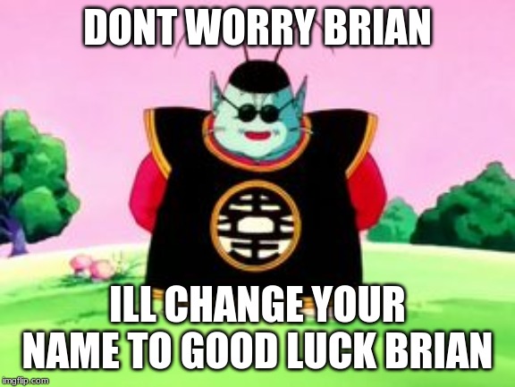 King Kai Wisdom | DONT WORRY BRIAN ILL CHANGE YOUR NAME TO GOOD LUCK BRIAN | image tagged in king kai wisdom | made w/ Imgflip meme maker