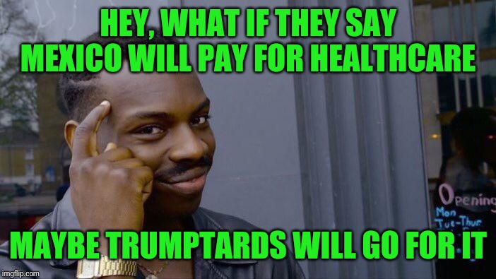 Roll Safe Think About It Meme | HEY, WHAT IF THEY SAY MEXICO WILL PAY FOR HEALTHCARE MAYBE TRUMPTARDS WILL GO FOR IT | image tagged in memes,roll safe think about it | made w/ Imgflip meme maker