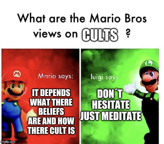Mario Bros Views | CULTS; DON´T  HESITATE JUST MEDITATE; IT DEPENDS WHAT THERE BELIEFS ARE AND HOW THERE CULT IS | image tagged in mario bros views | made w/ Imgflip meme maker