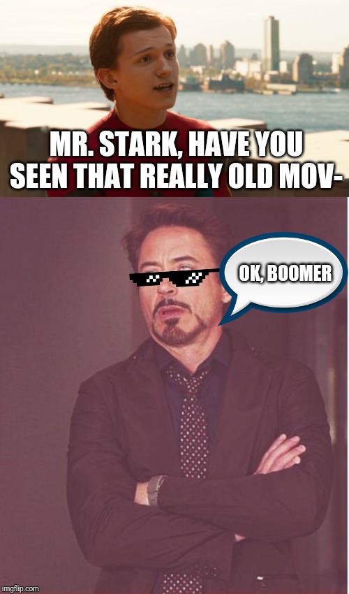 MR. STARK, HAVE YOU SEEN THAT REALLY OLD MOV-; OK, BOOMER | image tagged in memes,face you make robert downey jr,tom holland spider-man | made w/ Imgflip meme maker
