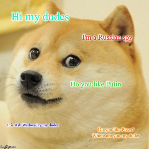 Doge | Hi my dudes; I'm a Russian spy; Do you like Putin; It is Ash Wednesday my dudes; Do you like Pizza? Where are you my dudes | image tagged in memes,doge | made w/ Imgflip meme maker