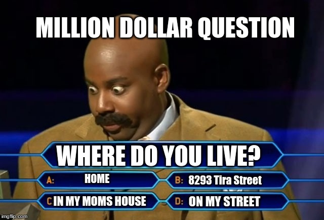 Who wants to be a millionaire? | MILLION DOLLAR QUESTION; WHERE DO YOU LIVE? HOME; 8293 Tira Street; ON MY STREET; IN MY MOMS HOUSE | image tagged in who wants to be a millionaire | made w/ Imgflip meme maker