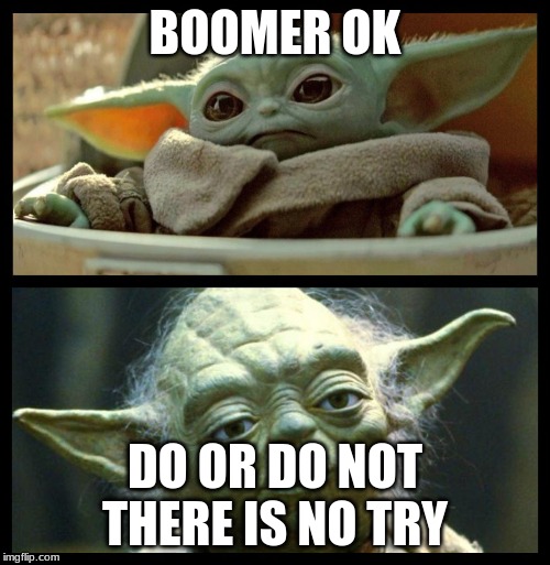 baby yoda | BOOMER OK; DO OR DO NOT THERE IS NO TRY | image tagged in baby yoda | made w/ Imgflip meme maker