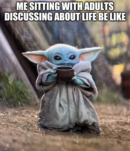 Baby Yoda drinking tea | ME SITTING WITH ADULTS DISCUSSING ABOUT LIFE BE LIKE | image tagged in baby yoda drinking tea | made w/ Imgflip meme maker