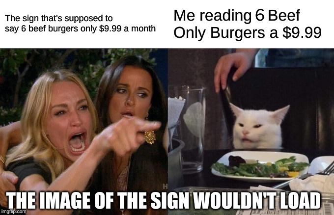 Woman Yelling At Cat | The sign that's supposed to say 6 beef burgers only $9.99 a month; Me reading６Beef Only Burgers a $9.99; THE IMAGE OF THE SIGN WOULDN'T LOAD | image tagged in memes,woman yelling at cat | made w/ Imgflip meme maker