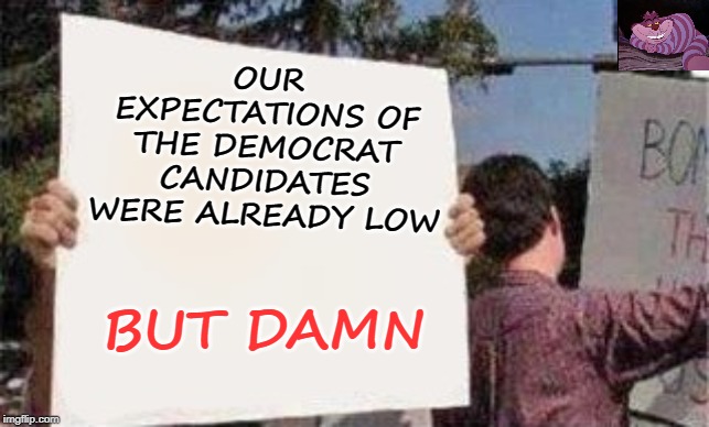 The best thing the Dems can do is STOP having debates. | OUR EXPECTATIONS OF THE DEMOCRAT CANDIDATES WERE ALREADY LOW; BUT DAMN | image tagged in poster | made w/ Imgflip meme maker