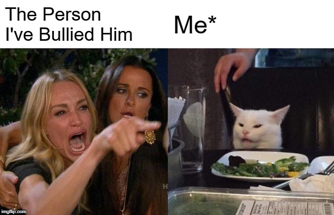 Woman Yelling At Cat Meme | The Person I've Bullied Him; Me* | image tagged in memes,woman yelling at cat | made w/ Imgflip meme maker